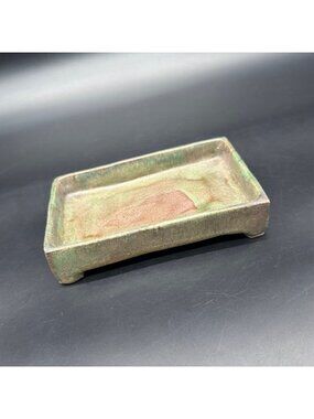 Soap Dish Trinket Tray Handmade Pottery Signed AB Rustic Art Green Brown Footed
